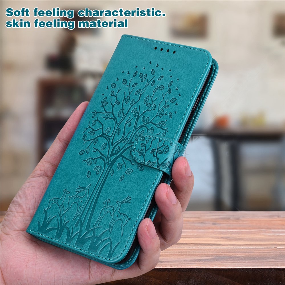 Deer Tree Pattern Imprint PU Leather Drop-proof Phone Case Shell with Wallet Stand for Xiaomi Redmi Note 11/Poco M4 Pro 5G - Blue-7