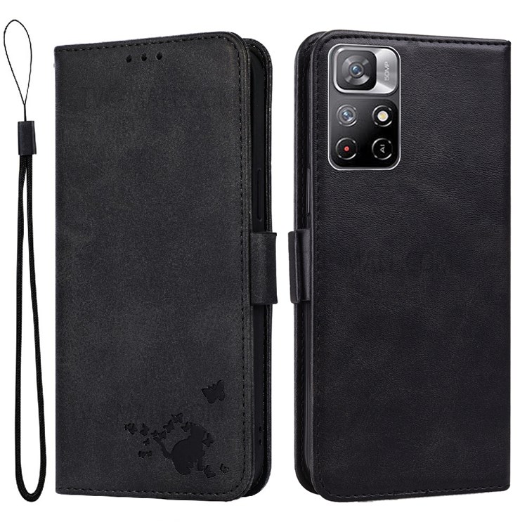 Stylish Cat Butterfly Pattern Imprinting PU Leather Flip Cover Wallet Stand Phone Case with Lanyard for Xiaomi Redmi Note 11/Poco M4 Pro 5G - Black-1