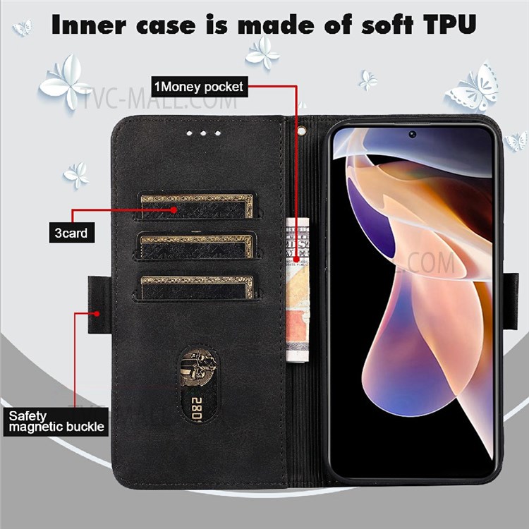 Stylish Cat Butterfly Pattern Imprinting PU Leather Flip Cover Wallet Stand Phone Case with Lanyard for Xiaomi Redmi Note 11/Poco M4 Pro 5G - Black-5