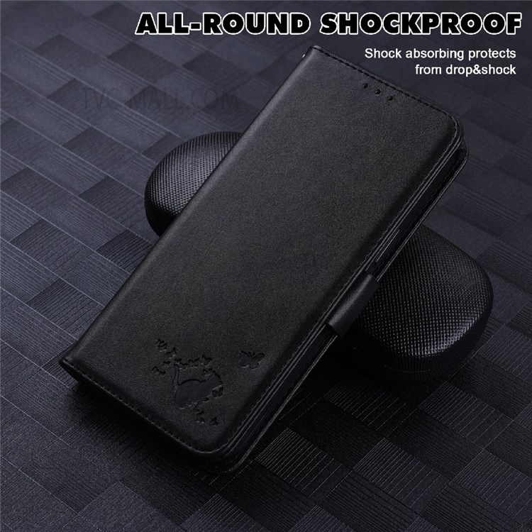 Stylish Cat Butterfly Pattern Imprinting PU Leather Flip Cover Wallet Stand Phone Case with Lanyard for Xiaomi Redmi Note 11/Poco M4 Pro 5G - Black-6