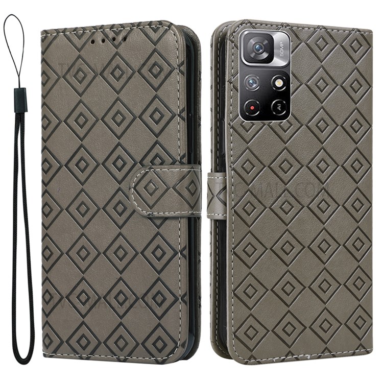 Grid Pattern Imprinted PU Leather Magnetic Flip Cover Full Body Protection Wallet Stand Case with Strap for Xiaomi Redmi Note 11 / Poco M4 Pro 5G - Grey-1