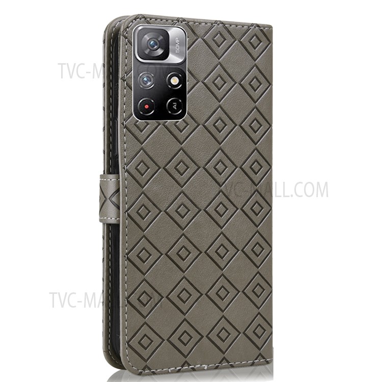 Grid Pattern Imprinted PU Leather Magnetic Flip Cover Full Body Protection Wallet Stand Case with Strap for Xiaomi Redmi Note 11 / Poco M4 Pro 5G - Grey-3