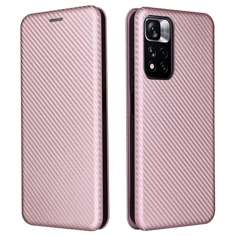 For Xiaomi Redmi Note 11 Pro/Note 11 Pro+ Carbon Fiber Texture Anti-scratch Auto-absorbed Magnetic Closure Ring Strap Leather Stand Phone Case - Rose Gold-1