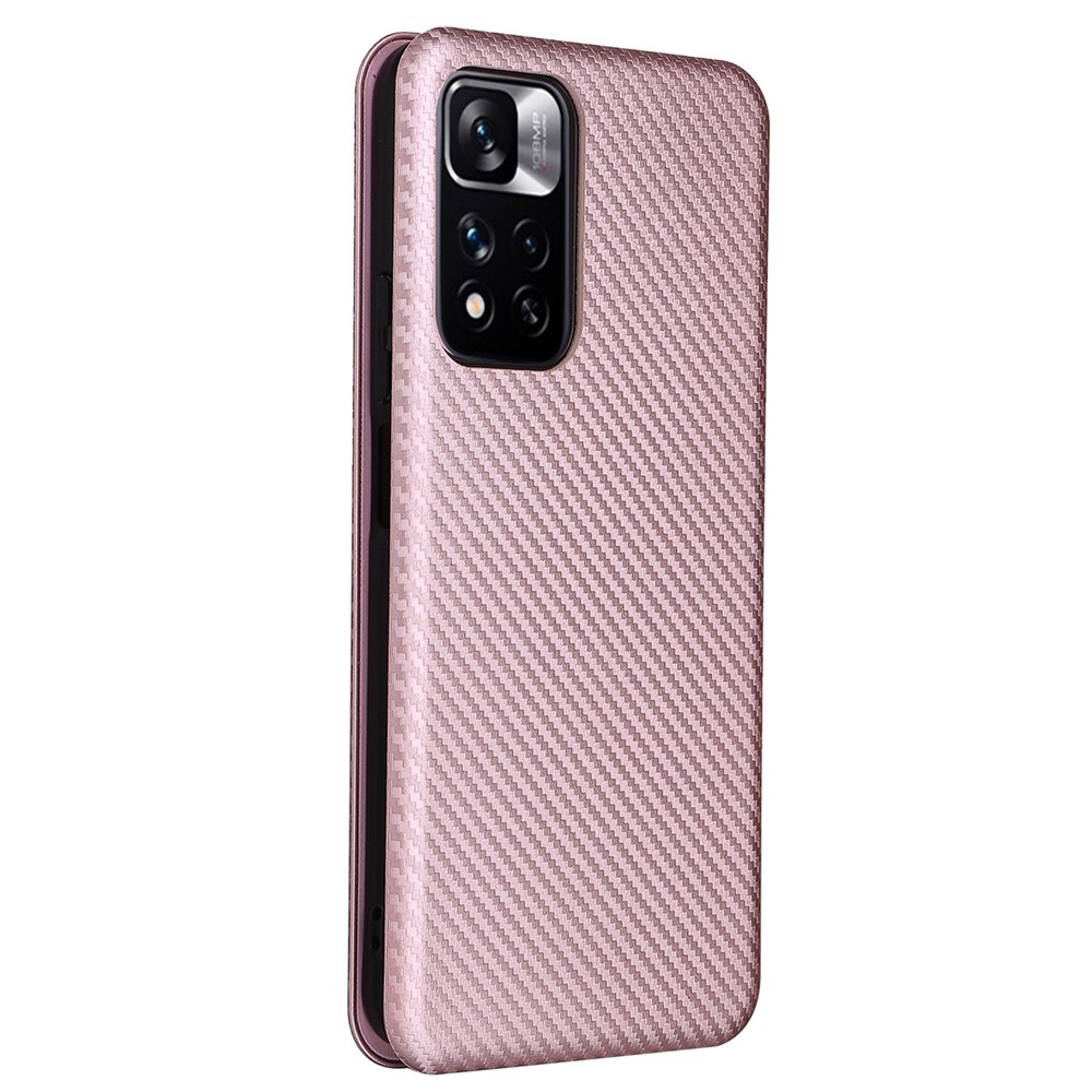 For Xiaomi Redmi Note 11 Pro/Note 11 Pro+ Carbon Fiber Texture Anti-scratch Auto-absorbed Magnetic Closure Ring Strap Leather Stand Phone Case - Rose Gold-3