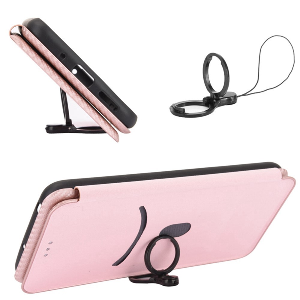 For Xiaomi Redmi Note 11 Pro/Note 11 Pro+ Carbon Fiber Texture Anti-scratch Auto-absorbed Magnetic Closure Ring Strap Leather Stand Phone Case - Rose Gold-9