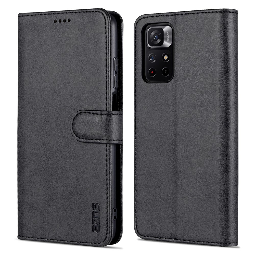 AZNS PU Leather Flip Folio Case Wallet Stand Shockproof TPU Inner Shell Phone Cover for Xiaomi Redmi Note 11 / Poco M4 Pro 5G - Black-1