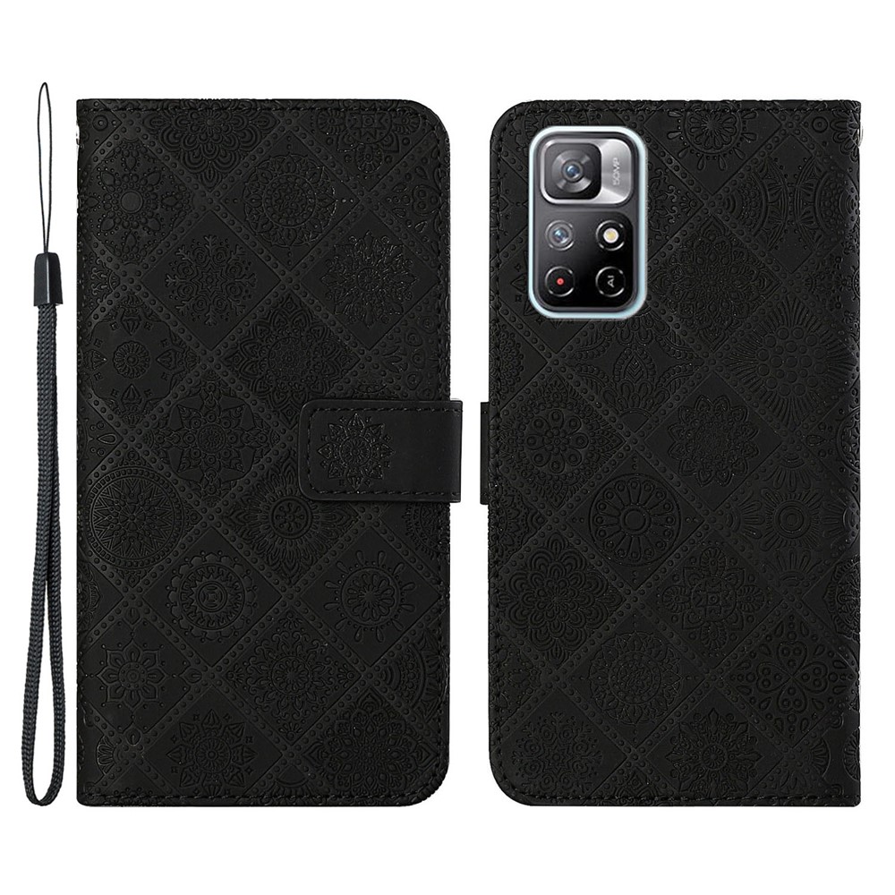 Magnetic Clasp Imprint Ethnic Style Flower Wallet PU Leather Shell for Xiaomi Redmi Note 11 / Poco M4 Pro 5G - Black-1