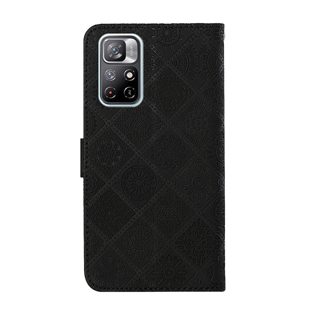 Magnetic Clasp Imprint Ethnic Style Flower Wallet PU Leather Shell for Xiaomi Redmi Note 11 / Poco M4 Pro 5G - Black-3