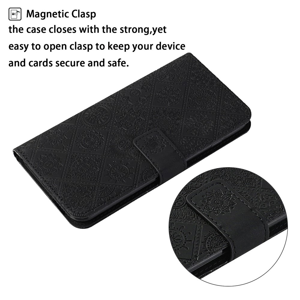 Magnetic Clasp Imprint Ethnic Style Flower Wallet PU Leather Shell for Xiaomi Redmi Note 11 / Poco M4 Pro 5G - Black-8