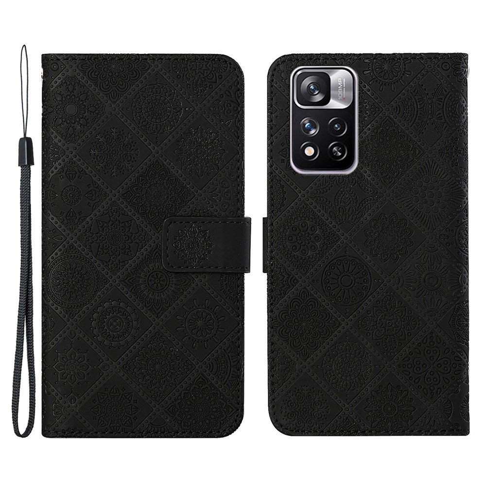 Scratch-resistant Imprint Ethnic Style Flower Magnetic Clasp Wallet PU Leather Shell for Xiaomi Redmi Note 11 Pro+ / Redmi Note 11 Pro - Black-1