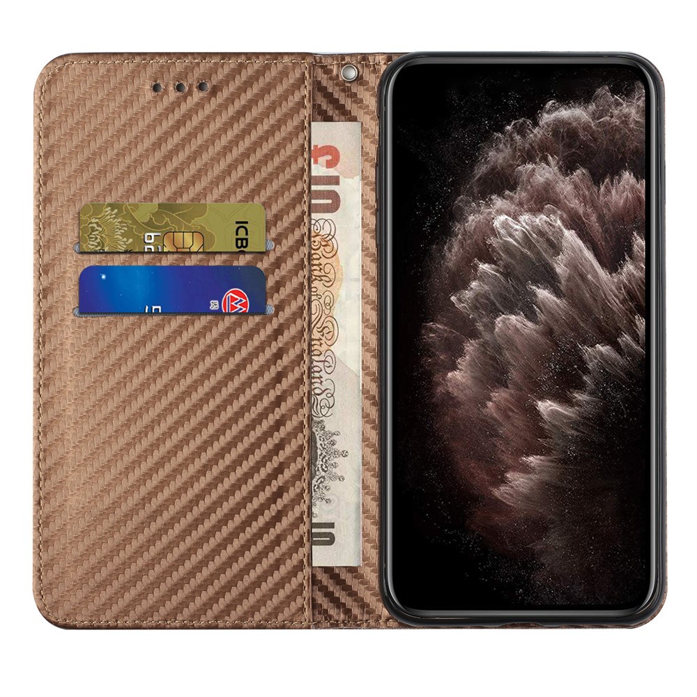 Carbon Fiber Texture PU Leather Case Auto Magnetic Closed Flip Stand Wallet Cover for Xiaomi Redmi Note 10 4G / Note 10S - Brown-4