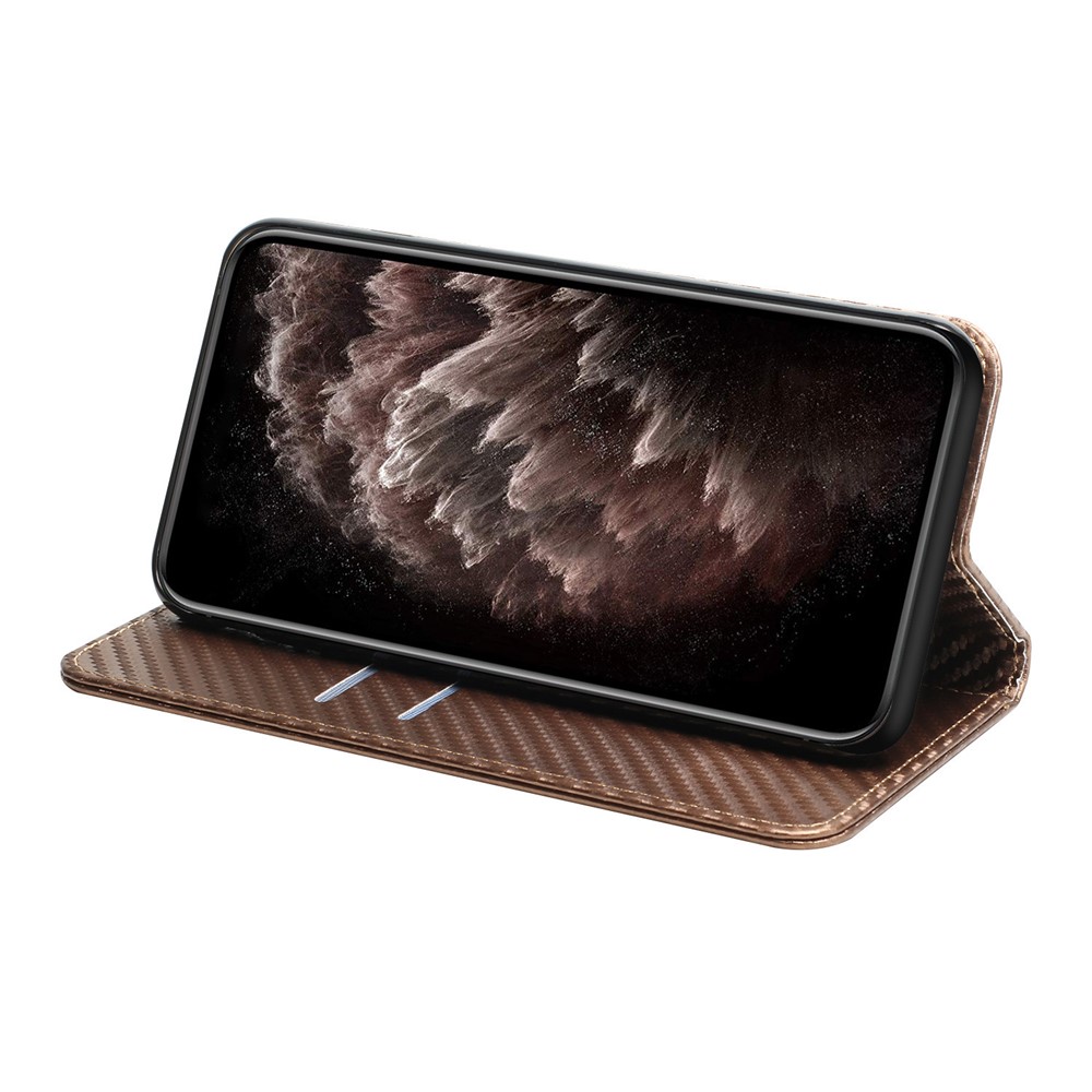 Carbon Fiber Texture PU Leather Case Auto Magnetic Closed Flip Stand Wallet Cover for Xiaomi Redmi Note 10 4G / Note 10S - Brown-5