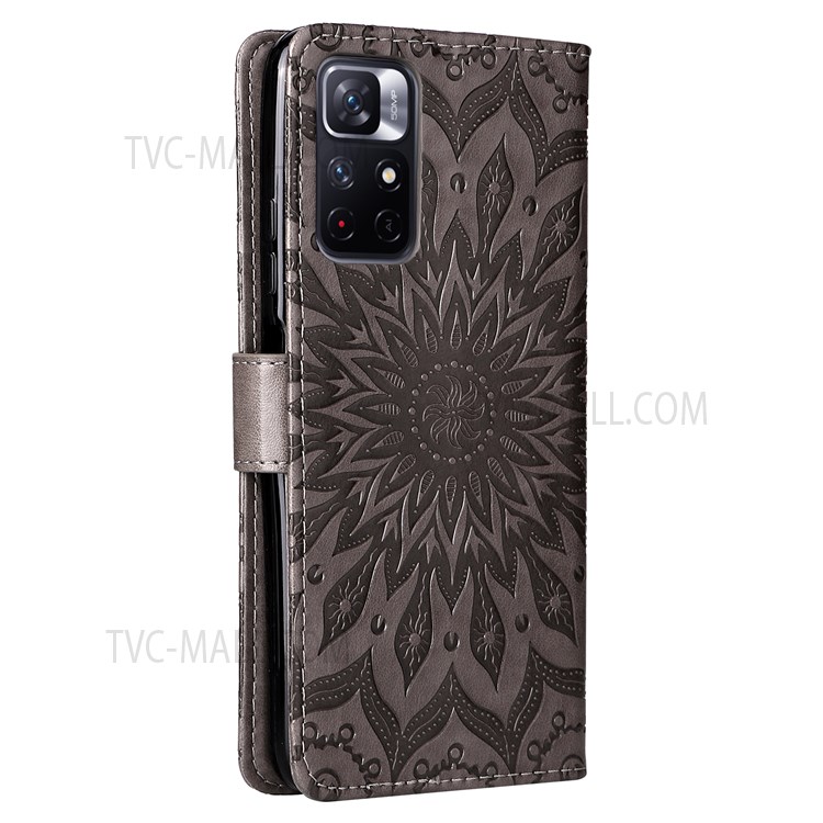 Imprinting Mandala Sun Pattern Wallet Flip PU Leather Stand Shockproof Case with Strap for Xiaomi Redmi Note 11 5G / Note 11T 5G / Poco M4 Pro 5G - Grey-4