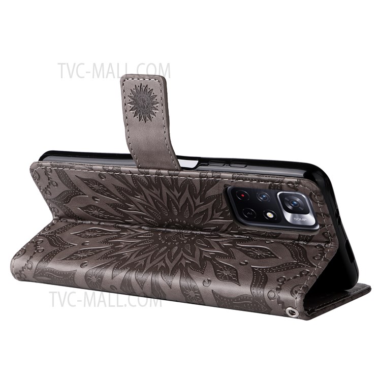 Imprinting Mandala Sun Pattern Wallet Flip PU Leather Stand Shockproof Case with Strap for Xiaomi Redmi Note 11 5G / Note 11T 5G / Poco M4 Pro 5G - Grey-6