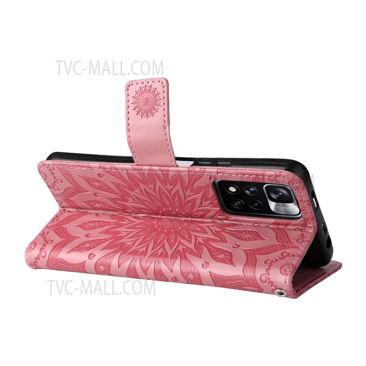 Mandala Sun Pattern Imprinted PU Leather Magnetic Flip Stand Wallet Phone Case with Strap for Xiaomi Redmi Note 11 Pro 5G / Note 11 Pro+ - Pink-4