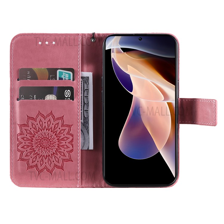 Mandala Sun Pattern Imprinted PU Leather Magnetic Flip Stand Wallet Phone Case with Strap for Xiaomi Redmi Note 11 Pro 5G / Note 11 Pro+ - Pink-6