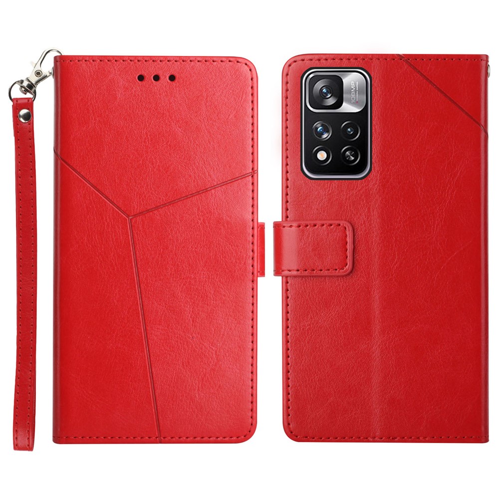 Stylish Imprinted Y-shaped Lines Magnetic PU Leather Stand Flip Wallet Phone Cover with Strap for Xiaomi Redmi Note 11 Pro+ / Redmi Note 11 Pro - Red-1