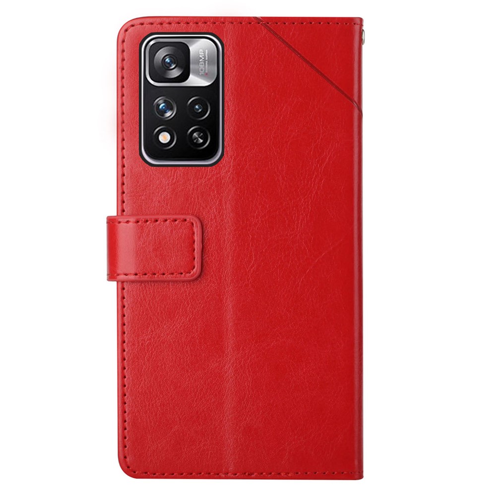 Stylish Imprinted Y-shaped Lines Magnetic PU Leather Stand Flip Wallet Phone Cover with Strap for Xiaomi Redmi Note 11 Pro+ / Redmi Note 11 Pro - Red-9