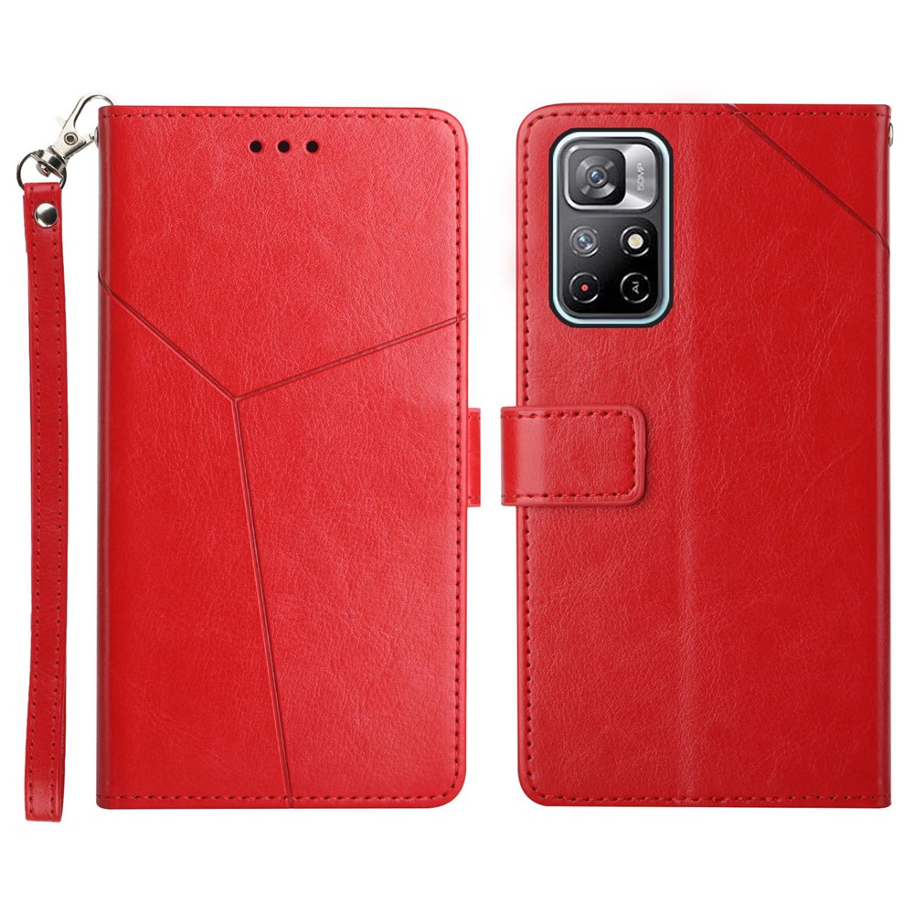 PU Leather + TPU Phone Case Imprinted Y-shaped Lines Magnetic Stand Flip Wallet Phone Cover with Strap for Xiaomi Redmi Note 11T 5G / Redmi Note 11 / Poco M4 Pro 5G - Red-1