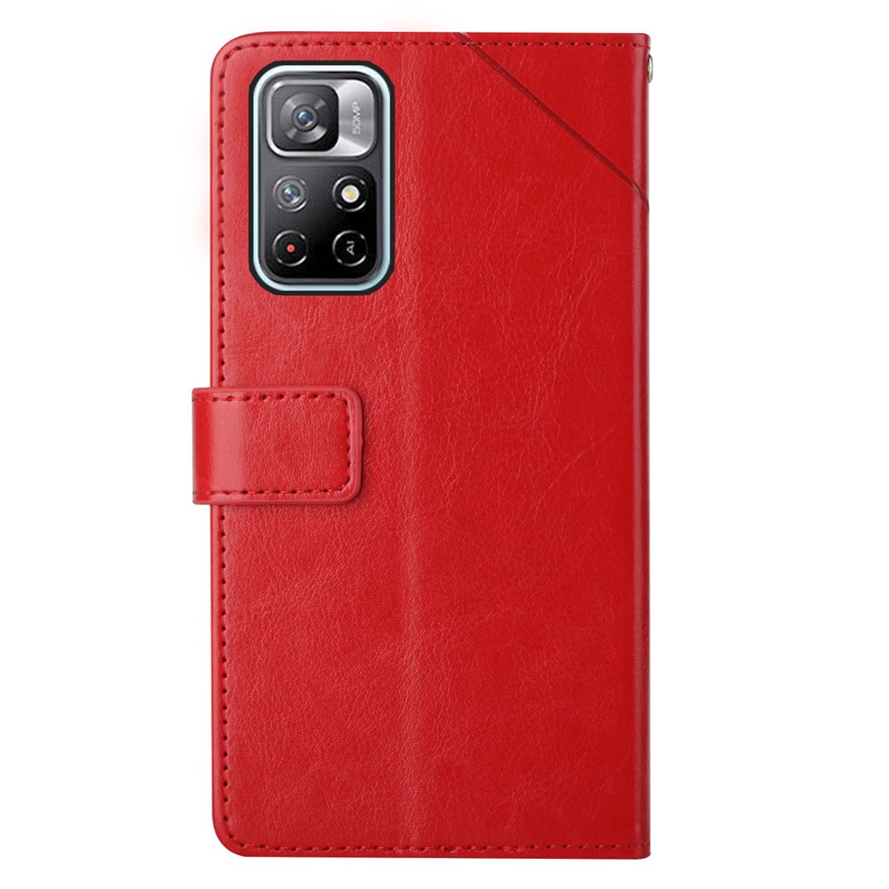 PU Leather + TPU Phone Case Imprinted Y-shaped Lines Magnetic Stand Flip Wallet Phone Cover with Strap for Xiaomi Redmi Note 11T 5G / Redmi Note 11 / Poco M4 Pro 5G - Red-9
