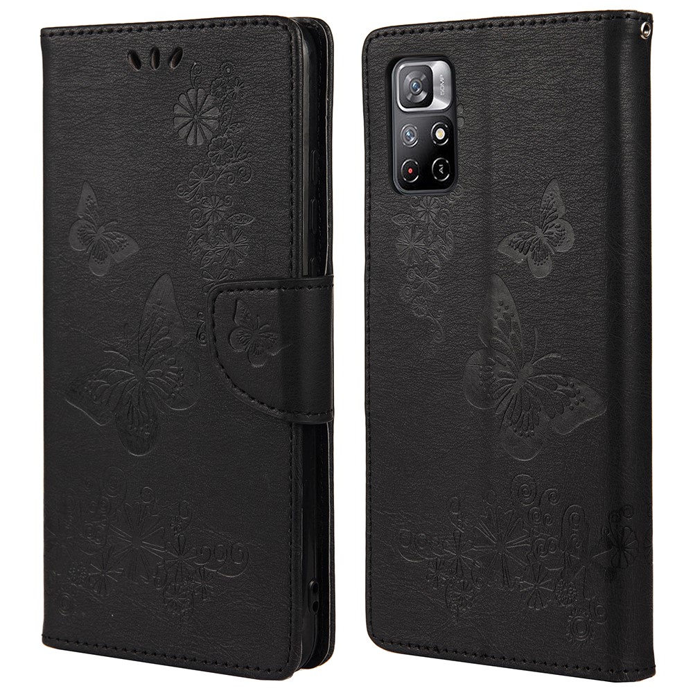 Anti-shock Imprinting Beautiful Butterfly Flower Protective Phone Shell Flip Stand Wallet Leather Phone Case for Xiaomi Redmi Note 11 5G / Poco M4 Pro 5G - Black-1