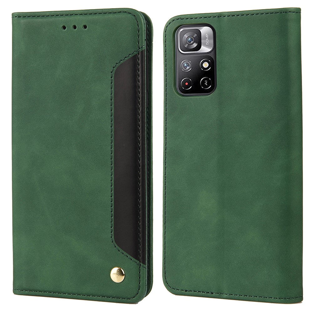 Color Splicing Full Protection Leather Stand Wallet Cover Phone Case for Xiaomi Redmi Note 11 5G/Poco M4 Pro 5G - Green-1