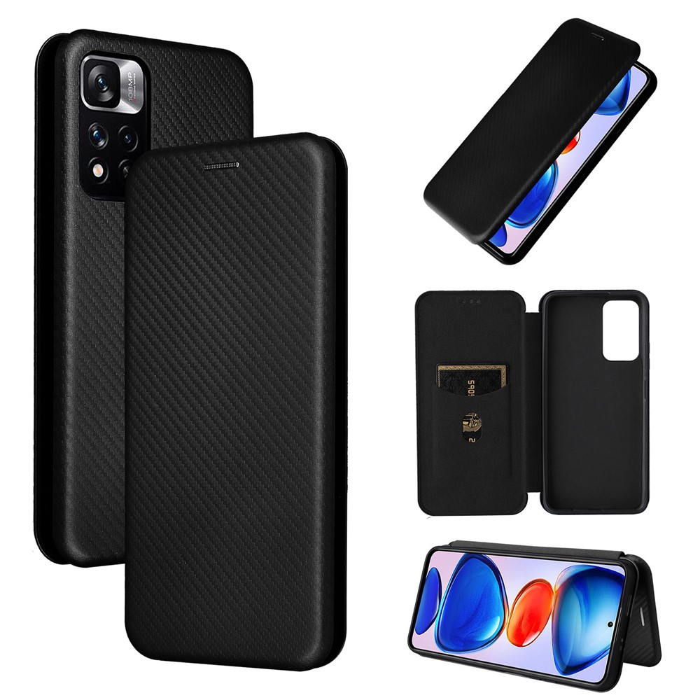 Card Slot Ring Strap Carbon Fiber Texture Case Anti-scratch Drop-proof Auto-absorbed Magnetic Closure Leather Phone Cover with Stand for Xiaomi Redmi Note 11 5G/Poco M4 Pro 5G - Black-11