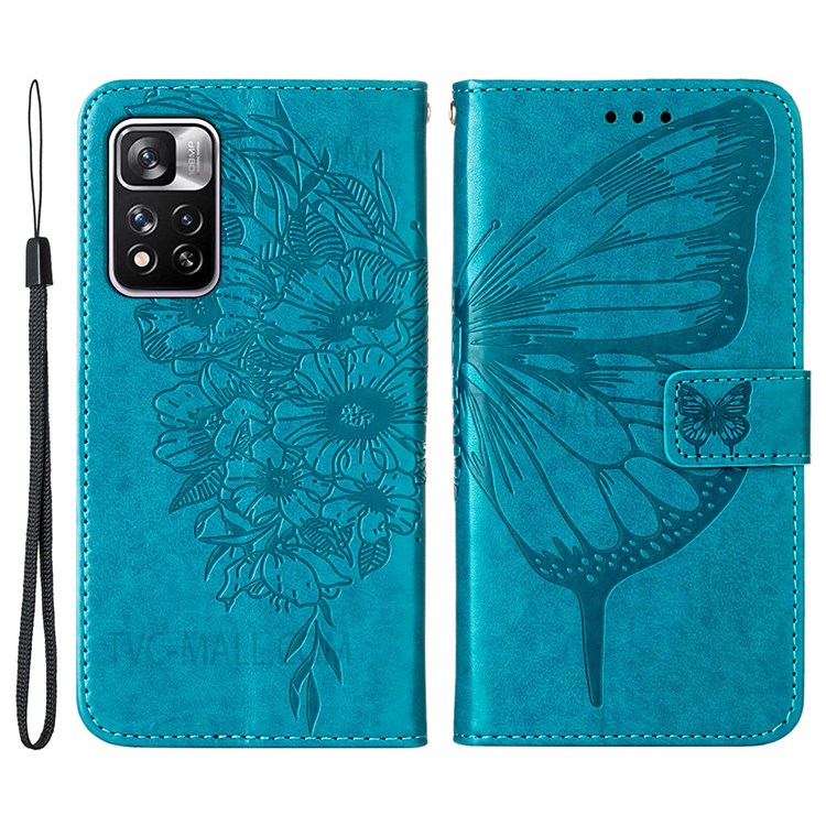 Schmetterlingsblume Eingeprägte Faltbare Ständer PU Lederabdeckung + TPU -telefonhülle Mit Brieftasche Für Xiaomi Redmi Note 11 Pro 5G (China) (MediaTek)/Note 11 Pro + 5G - Blau