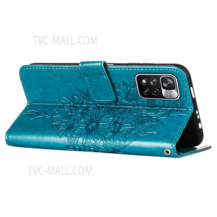 Fleur de Papillon Imprimé Support Pliable Couverture en Cuir PU + Étui de Téléphone TPU Avec Portefeuille Pour Xiaomi Redmi Note 11 Pro 5G (chine) (mediatek) / Note 11 Pro + 5G - Bleu