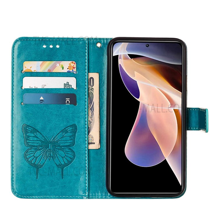 Butterfly Flower Imprinted Foldable Stand PU Leather Cover + TPU Phone Case with Wallet for Xiaomi Redmi Note 11 Pro/Note 11 Pro+ - Blue-6