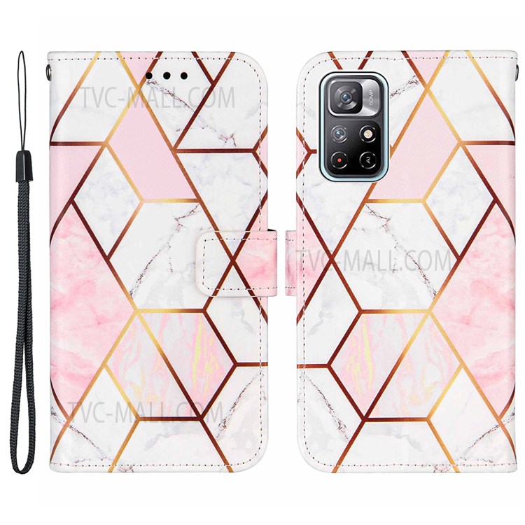Marble Pattern Splicing Full Body Protection Leather Case Cover with Stand Wallet for Xiaomi Redmi Note 11 5G/Note 11T 5G/Poco M4 Pro 5G - Pink/White-1
