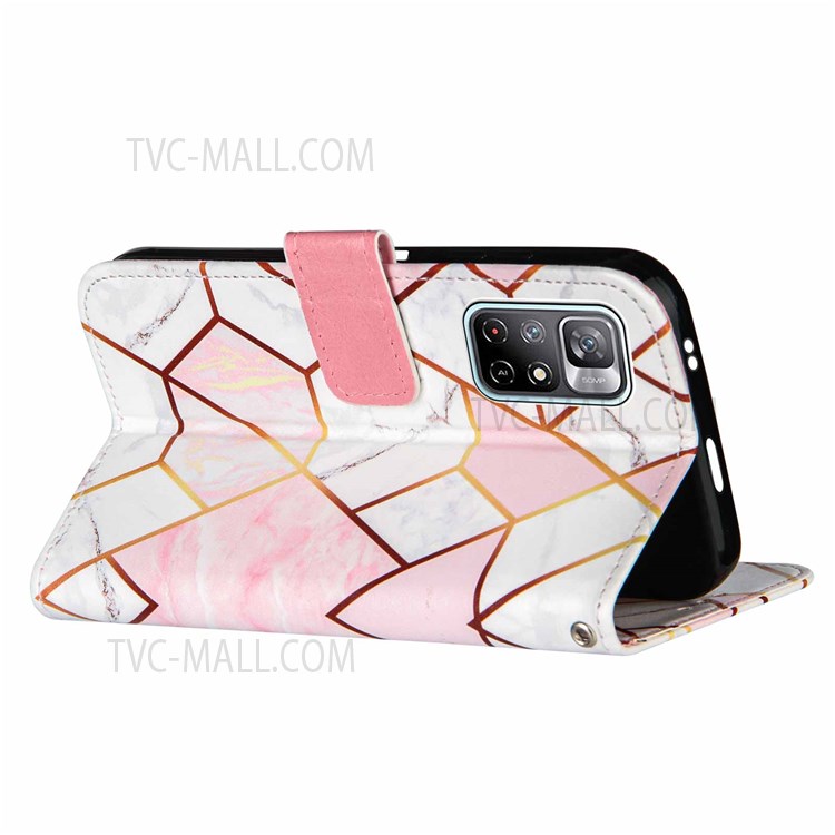 Marble Pattern Splicing Full Body Protection Leather Case Cover with Stand Wallet for Xiaomi Redmi Note 11 5G/Note 11T 5G/Poco M4 Pro 5G - Pink/White-4