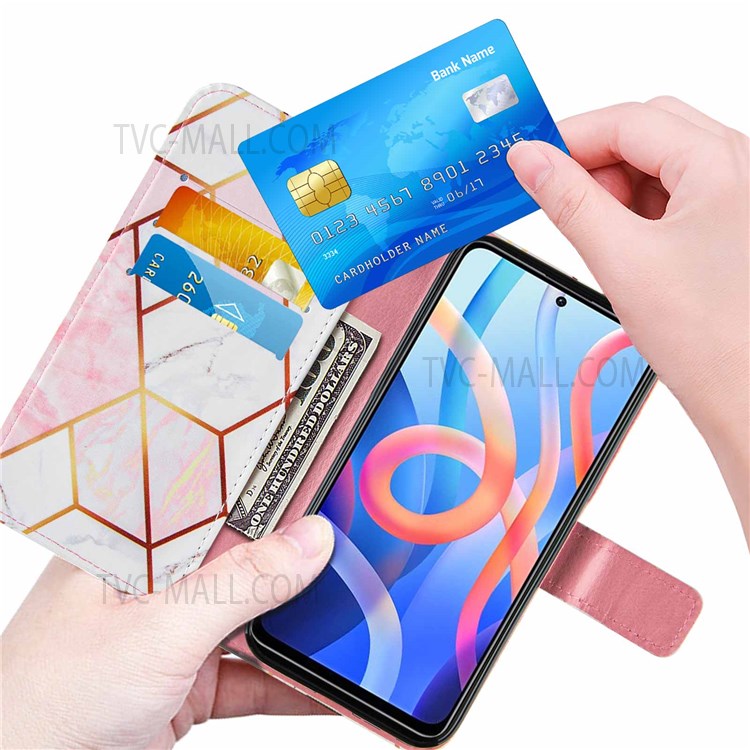 Marble Pattern Splicing Full Body Protection Leather Case Cover with Stand Wallet for Xiaomi Redmi Note 11 5G/Note 11T 5G/Poco M4 Pro 5G - Pink/White-6