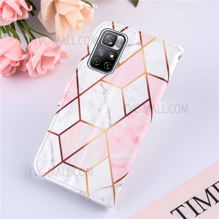 Marble Pattern Splicing Full Body Protection Leather Case Cover with Stand Wallet for Xiaomi Redmi Note 11 5G/Note 11T 5G/Poco M4 Pro 5G - Pink/White-8