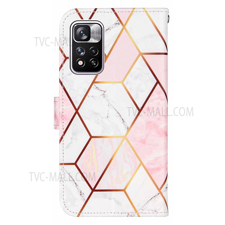 Marble Pattern Splicing Stand Wallet Leather Cover Inner TPU Phone Case Shell with Strap for Xiaomi Redmi Note 11 Pro/Note 11 Pro+ - Pink/White-3