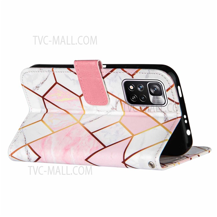 Marble Pattern Splicing Stand Wallet Leather Cover Inner TPU Phone Case Shell with Strap for Xiaomi Redmi Note 11 Pro/Note 11 Pro+ - Pink/White-4