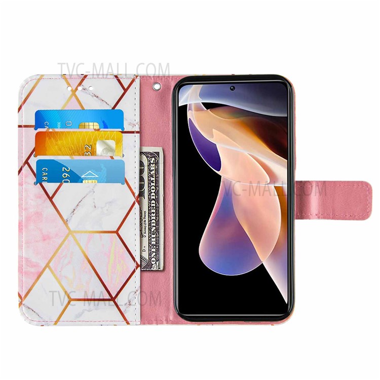 Marble Pattern Splicing Stand Wallet Leather Cover Inner TPU Phone Case Shell with Strap for Xiaomi Redmi Note 11 Pro/Note 11 Pro+ - Pink/White-5