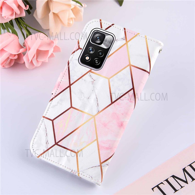 Marble Pattern Splicing Stand Wallet Leather Cover Inner TPU Phone Case Shell with Strap for Xiaomi Redmi Note 11 Pro/Note 11 Pro+ - Pink/White-8