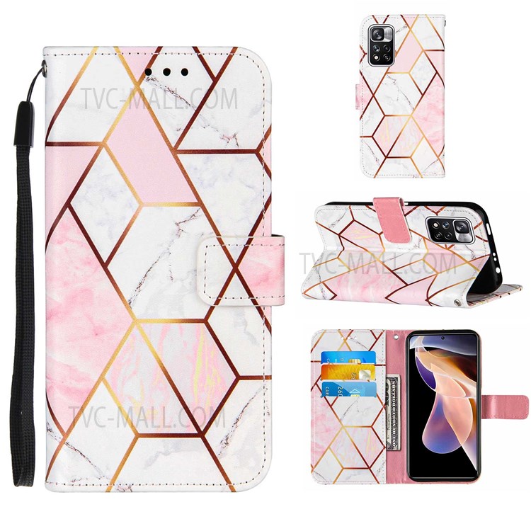 Marble Pattern Splicing Stand Wallet Leather Cover Inner TPU Phone Case Shell with Strap for Xiaomi Redmi Note 11 Pro/Note 11 Pro+ - Pink/White-9