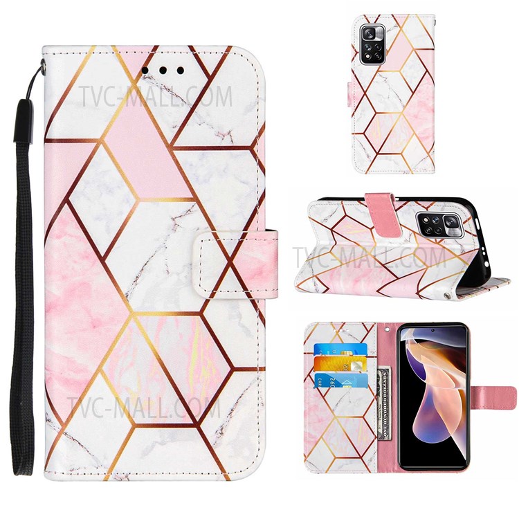 Motif en Marbre Épissant le Support de Portefeuille Couverture en Cuir Inner le Boîtier de Téléphone TPU Avec Sangle Pour Xiaomi Redmi Note 11 Pro 5G (chine) (mediatek) / Note 11 Pro + 5G - Rose / Blanc