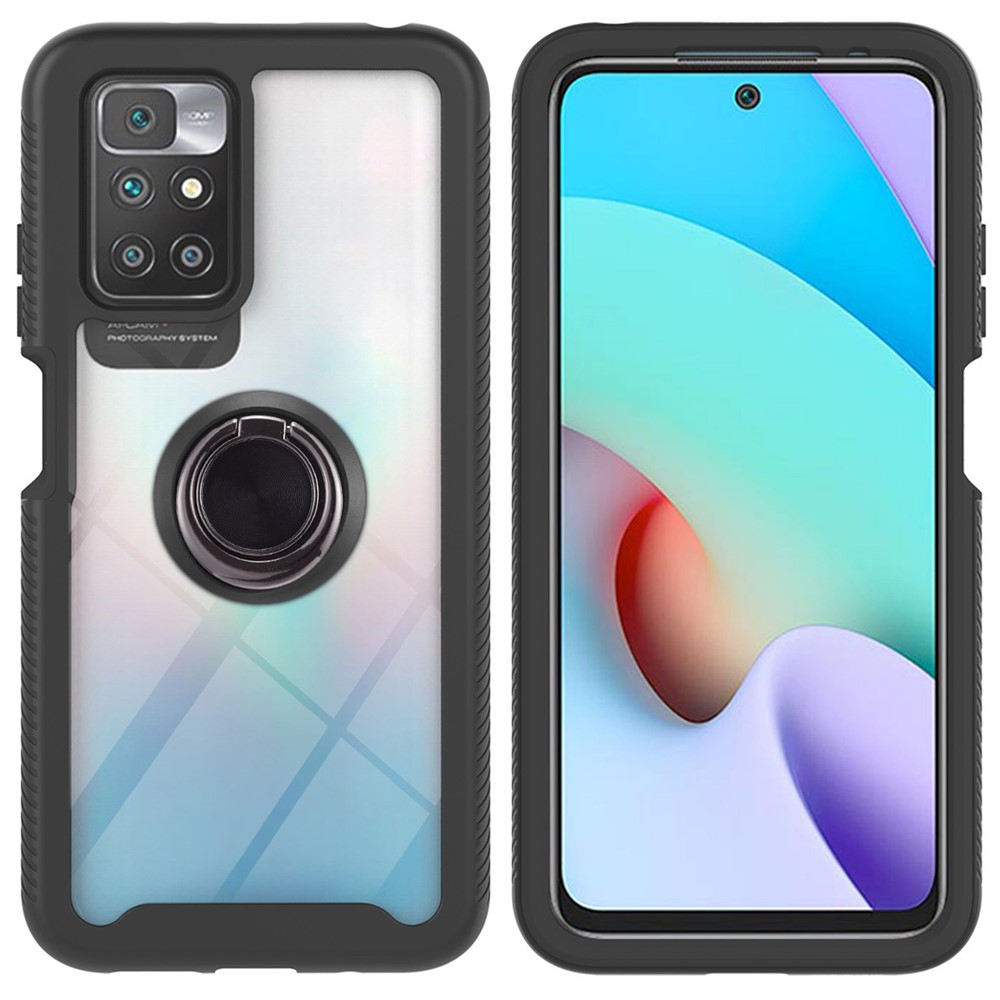Drop-proof Anti-fingerprint TPU+PC Phone Case Cover with Ring Kickstand for Xiaomi Redmi 10 - Black-4