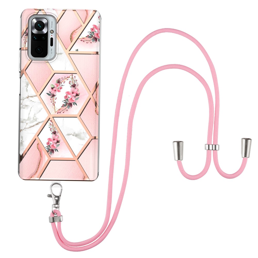 IMD IML Fashionable Protective Electroplating Marble Flower Pattern Soft TPU Phone Case with Lanyard for Xiaomi Redmi Note 10 Pro 4G (Global)/(India)/Note 10 Pro Max - Pink Flowers-1