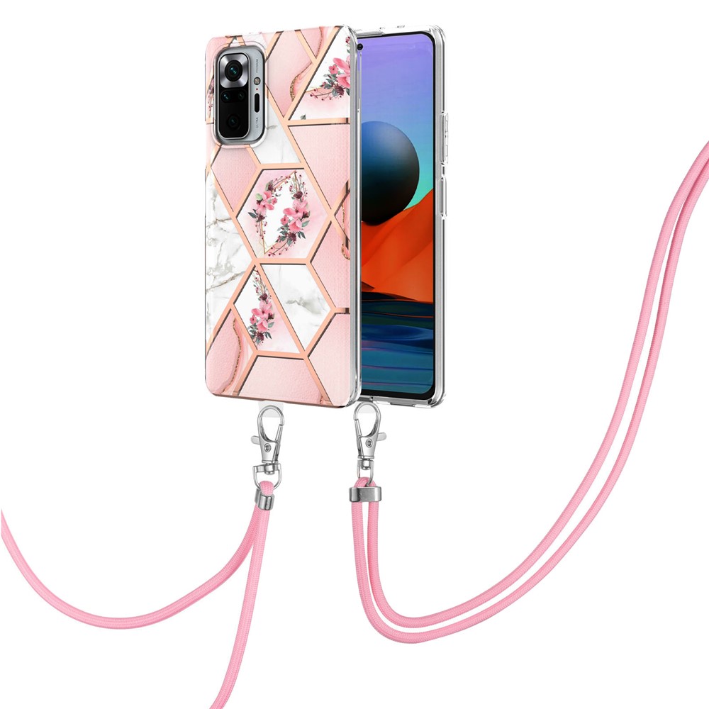IMD IML Fashionable Protective Electroplating Marble Flower Pattern Soft TPU Phone Case with Lanyard for Xiaomi Redmi Note 10 Pro 4G (Global)/(India)/Note 10 Pro Max - Pink Flowers-2