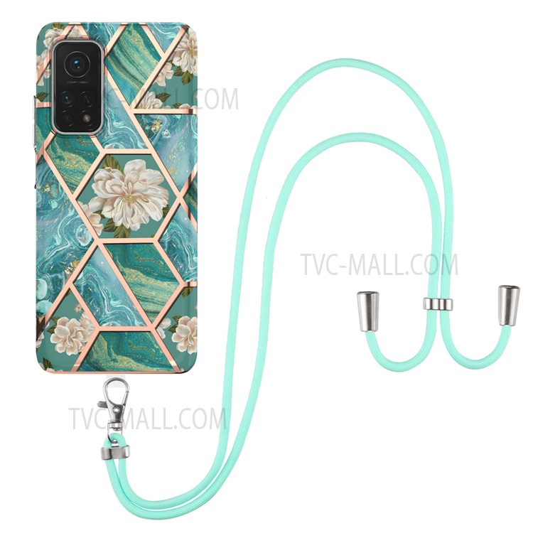 For Xiaomi Mi 10T 5G/10T Pro 5G IMD IML Electroplating Stylish Marble Flower Pattern Shoulder Strap Soft TPU Phone Cover Shell - Blue Flowers-1