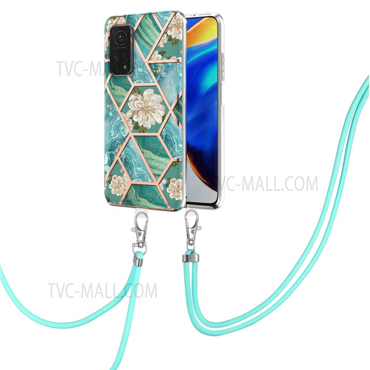 For Xiaomi Mi 10T 5G/10T Pro 5G IMD IML Electroplating Stylish Marble Flower Pattern Shoulder Strap Soft TPU Phone Cover Shell - Blue Flowers-2