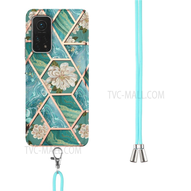 For Xiaomi Mi 10T 5G/10T Pro 5G IMD IML Electroplating Stylish Marble Flower Pattern Shoulder Strap Soft TPU Phone Cover Shell - Blue Flowers-3