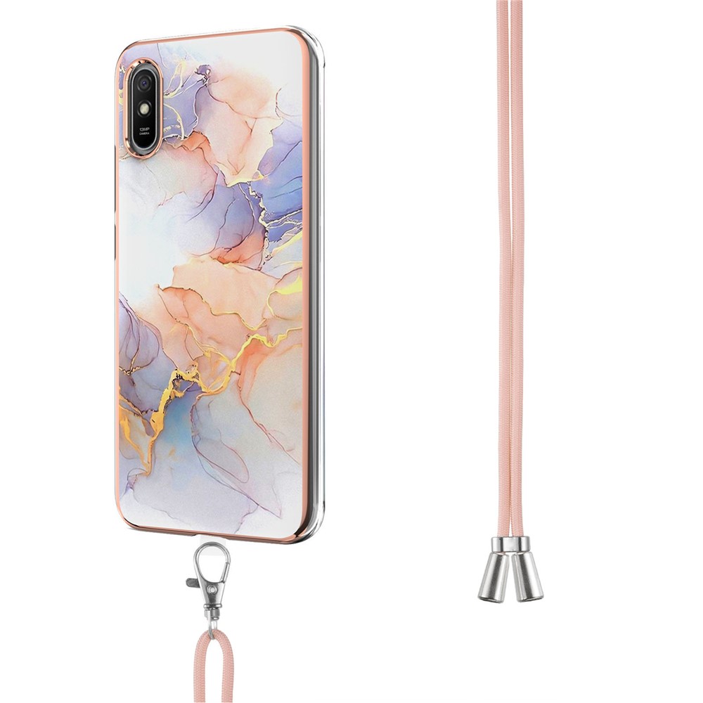 IMD IML Electroplating Shockproof Stylish Marble Flower Pattern Shoulder Strap Soft TPU Phone Cover for Xiaomi Redmi 9A - Milky Way Marble White-3