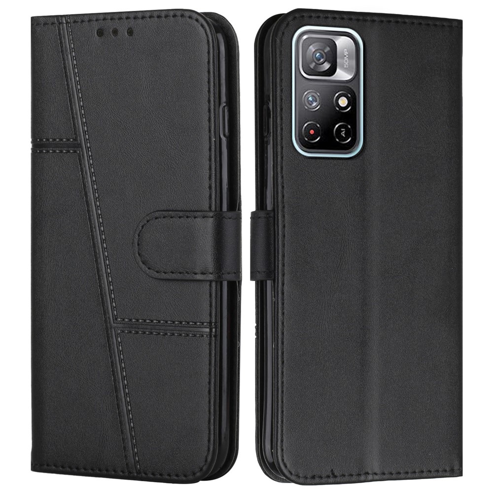 Wallet Stand Drop-proof Full Protection Splicing PU Leather Phone Cover Protector with Strap for Xiaomi Redmi Note 11 5G/Poco M4 Pro 5G - Black-1