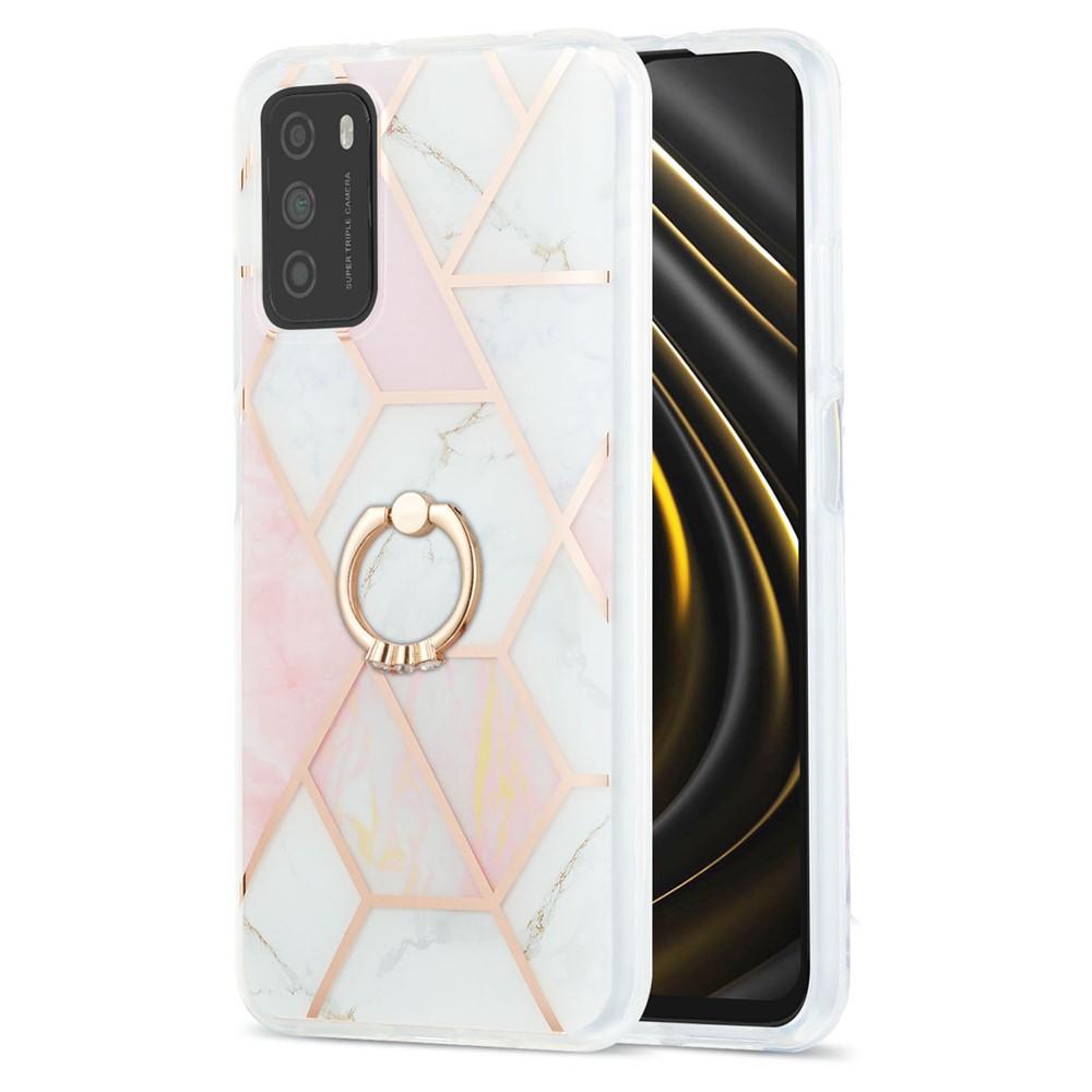 2.0mm TPU Phone Rotary Kickstand Cover Slim-Fitting IMD IML Marble Pattern Electroplating Case for Xiaomi Redmi Note 9 4G (Qualcomm Snapdragon 662)/9 Power/9T/Poco M3 - Pink/White-1