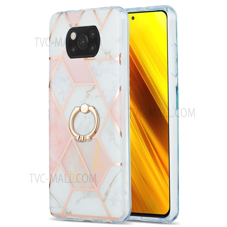 TPU Phone Cover with Rotary Kickstand 2.0mm Electroplating IMD IML Workmanship Marble Pattern Printing Case for Xiaomi Poco X3/X3 Pro/X3 NFC - Pink/White-1